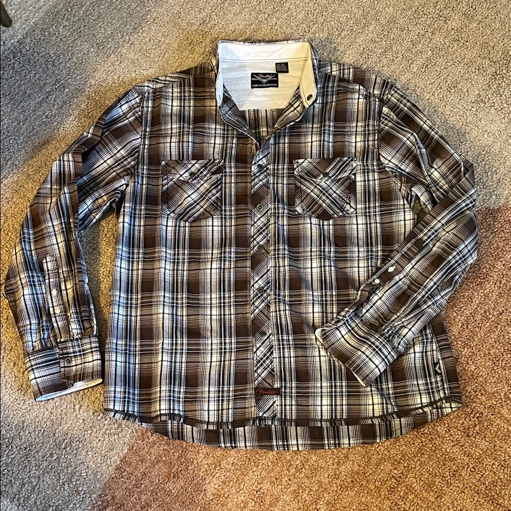 Fender Custom Shop Men's XXL Brown Plaid Western-style Snap Shirt Long Sleeves